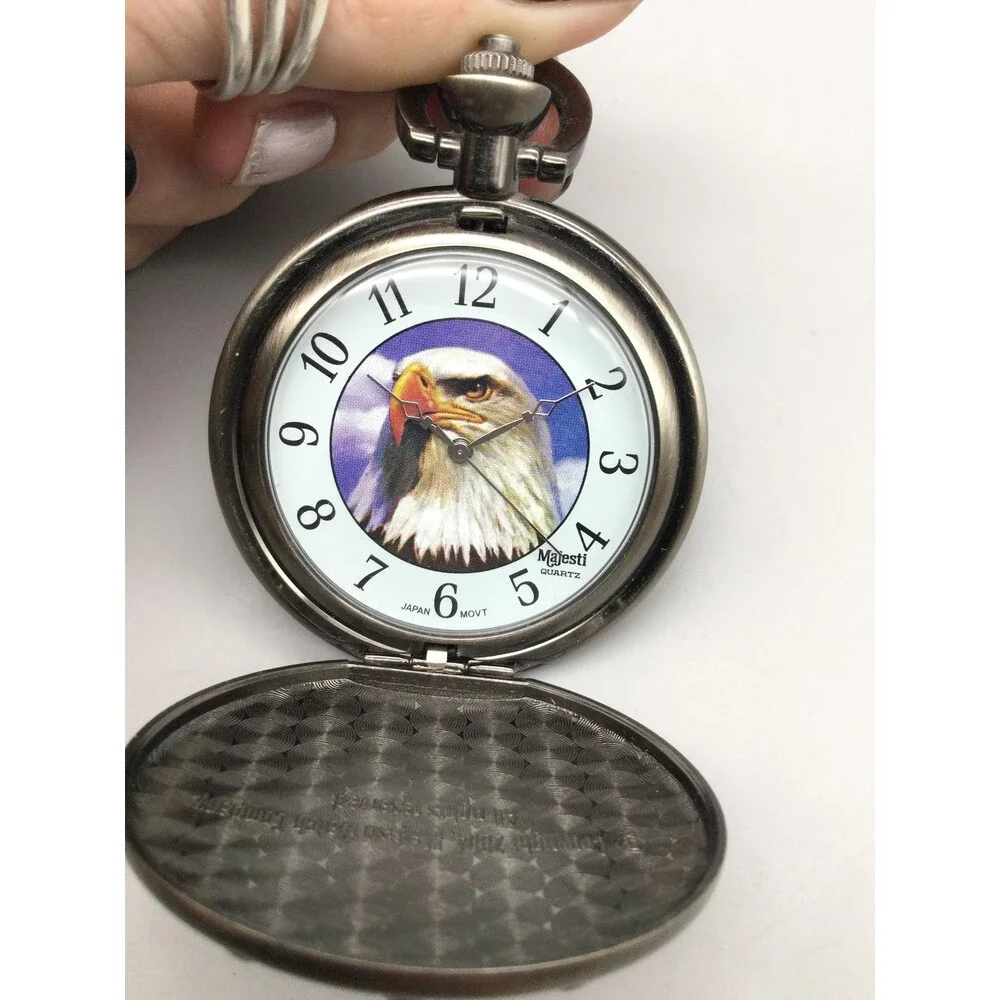 Majesti Bald Eagle Pocket Watch Men 51mm Silver Tone Full Hunter New Battery